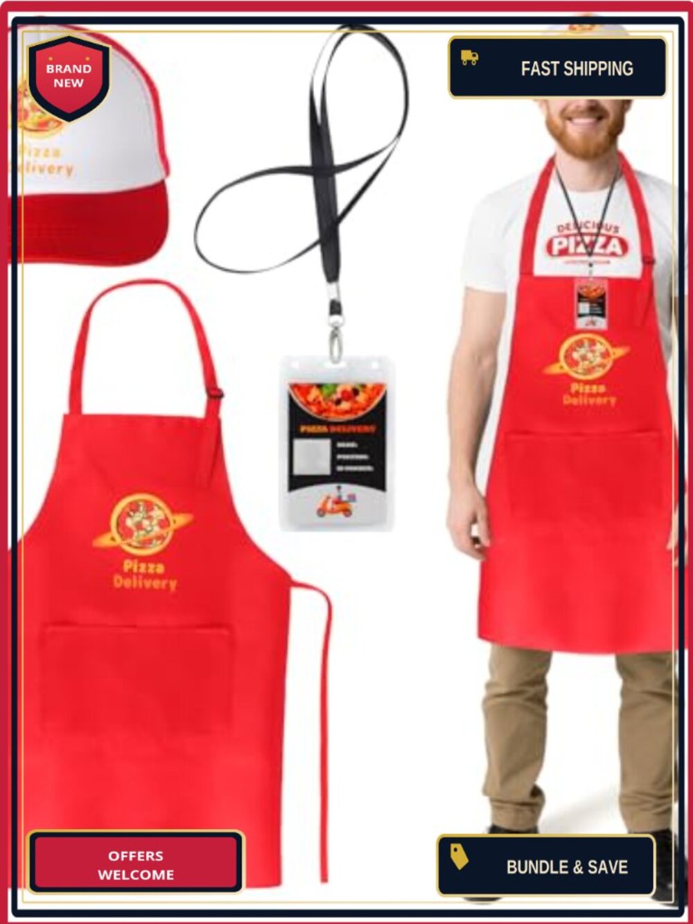 Adults Pizza Delivery Guy Costume Accessories Set Apron Hat ID Badge